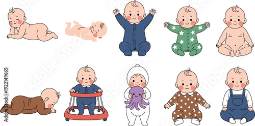 Baby poses collection vector illustration, cute infant cartoon characters crawling sitting playing isolated newborn set bundle design