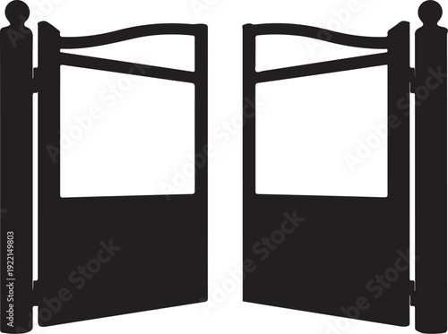 Black metal gates, open entrance, wrought iron design, gate pair