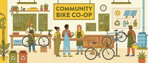 Sustainable community bicycle repair cooperative workshop flat vector illustration with diverse volunteers, tools, bikes, recycling bins, and solar energy diagram for eco-friendly living.