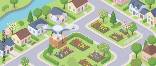 Isometric flat vector illustration of a delivery drone carrying a cardboard box over a peaceful suburban neighborhood with houses, blooming flower gardens, green trees, and a winding river.