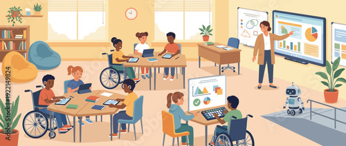 Inclusive classroom vector illustration with diverse students using assistive technology, wheelchairs, and tablets. Teacher presenting on interactive whiteboard in a modern learning environment.