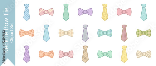 Set of 20 Vector Necktie and Bow Tie Clipart Icons in Flat Design Style, Featuring Pastel Colors and Diverse Patterns like Polka Dots, Stripes, Plaid, Paisley, and Floral for Fashion Design.