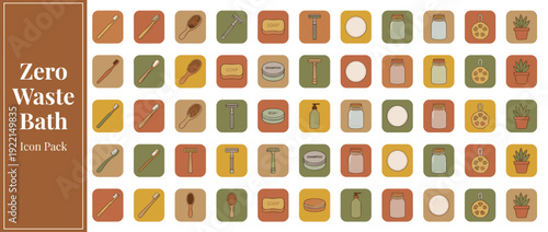 Vector Icon Set of 36 Zero Waste Bathroom Essentials in Flat Design with Warm Earthy Colors. Includes Sustainable Bamboo Toothbrushes, Safety Razors, Soap Bars, Shampoo Tins, Glass Jars, and Loofahs.