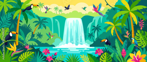 Vibrant flat vector illustration of a scenic tropical waterfall in a lush rainforest jungle featuring exotic birds like toucans, parrots, and hummingbirds amidst colorful flowers and palm trees