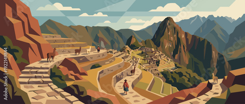Flat vector illustration of a scenic ancient Inca trail leading to the mountain ruins of Machu Picchu in Peru, featuring llamas, stone terraces, and people in traditional Andean clothing.