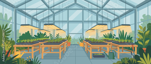 Flat vector illustration of a modern greenhouse interior with rows of seedlings in trays under artificial grow lights on wooden tables, including watering cans and lush plants in a glass nursery.