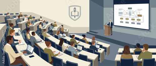 Flat vector illustration of a modern university lecture hall filled with diverse students using laptops and taking notes while a senior professor gives a presentation on a large digital screen.