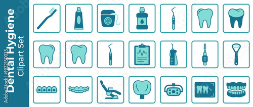 Dental Hygiene Clipart Set: 20 Flat Design Icons for Oral Care and Dentistry. Includes Toothbrush, Toothpaste, Floss, Mouthwash, Braces, Dentures, X-ray, and Professional Dental Equipment Tools.