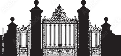 Ornate iron gate, black metal fence, decorative entrance, vintage wrought ironwork