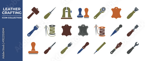 Leather Crafting Icon Set with 24 Flat Design Vector Illustrations of Tooling Items Including Mallet, Awl, Stitching Pony, Rotary Cutter, Needle, Thread, and Hide in a Muted Editorial Color Palette.