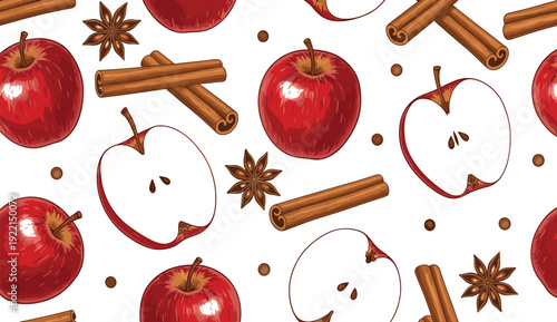 Seamless Apple Cinnamon Pattern Vector Illustration with Star Anise Autumn Fruit and Spice Background Design
