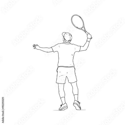 Vector illustration of sketch of tennis player serving or hitting ball, back view
