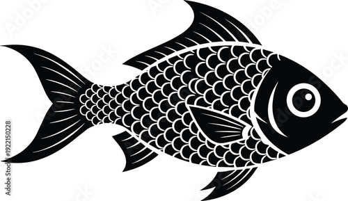 Black fish silhouettes with scales and gills isolated on white background for seafood restaurant logo aquatic marine life and fishing