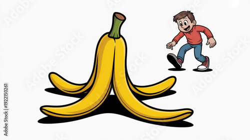 Man slipping on yellow bananas cartoon illustration of accident and safety