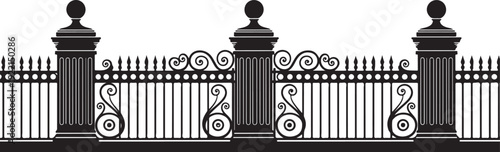 Black iron fence, wrought iron railing, metal gate, decorative border