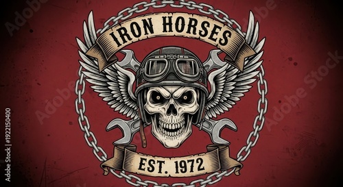 Iron Horses Motorcycle Club Emblem - Vintage Skull and Wings Design.