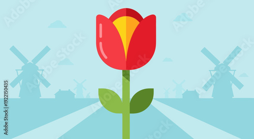 Stylized Red Tulip with Green Stem and Leaves Illustration.