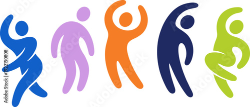 Abstract dancing people vector, colorful human figures, motion silhouettes, modern flat design, celebration, fitness, icon, collection set