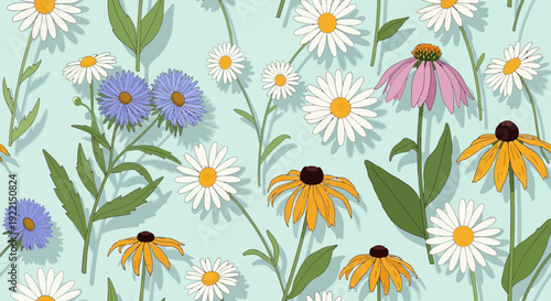 Colorful Floral Pattern with Daisies Coneflowers and Asters on Light Blue Background.