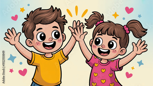 Two happy children with hands up in excitement smiling and surrounded by colorful hearts and stars