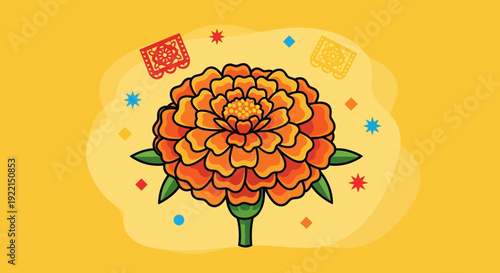 Vibrant Orange Marigold Flower Illustration with Festive Decorations.
