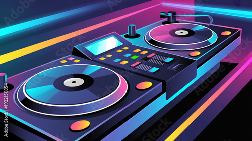 Dj controller with turntables and neon lights in a dark background vibrant colors and sleek design perfect for music production and performance