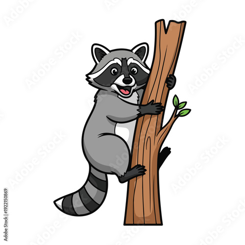 Raccoon climbing a tree with a smile on its face