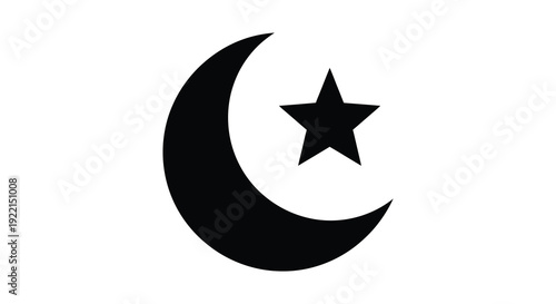 A stark black and white image depicts a crescent moon and a five pointed star symbolizing islamic faith high quality professional