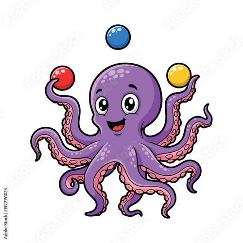 Purple Octopus Cartoon Character Juggling Three Colored Balls