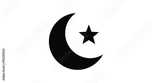 A stark black and white depiction showcases a crescent moon and a five pointed star against a white background high quality
