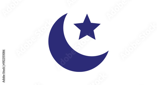 A white background features a dark blue crescent moon and a five pointed star symbolizing religious or cultural identity