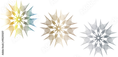 Three abstract snowflakes with colorful and monochromatic designs