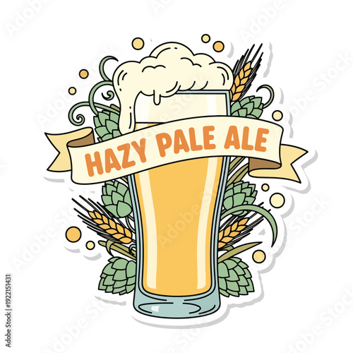 Craft Beer Glass Illustration with Hazy Pale Ale Text, Hops, and Wheat Elements