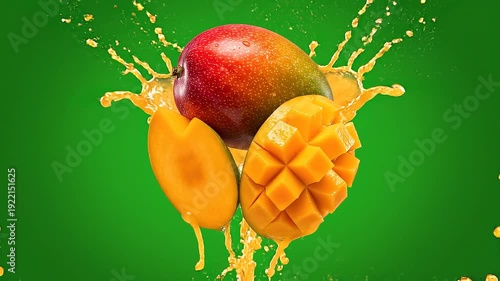Juicy Ripe Mango Sliced and Whole in Golden Juice Splash on Green Screen