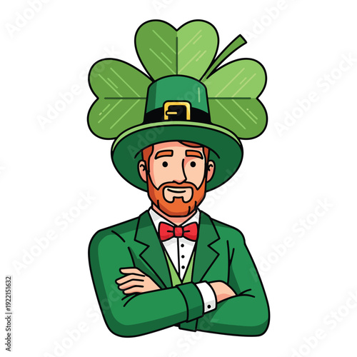 Jovial Irish Character Illustration with Shamrock Hat and Green Attire Posing Confidently