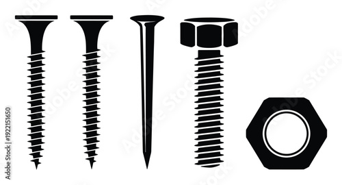 Black Silhouette of Screws, Nail, Bolt, and Nut on White Background