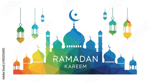 A vibrant ramadan kareem illustration featuring a crescent moon mosque silhouettes and colorful hanging lanterns high quality professional