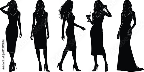 Elegant women silhouettes in evening gowns and cocktail dresses, glamorous female figures isolated on white background illustration set