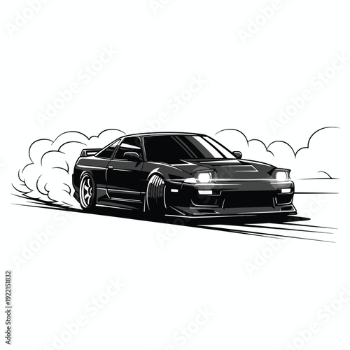 Dynamic sports car drifting illustration on a race track with smoke, showcasing speed and agility