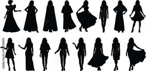 Elegant women silhouettes in long dresses and stylish outfits, fashionable female figures isolated on white background illustration set