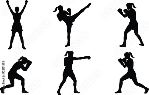 Female boxing and kickboxing silhouettes in fighting poses, athletic women martial arts training isolated on white background illustration