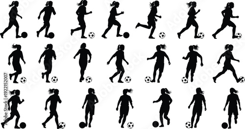 Girls playing soccer silhouettes in running and dribbling poses isolated on white background sport illustration collection set