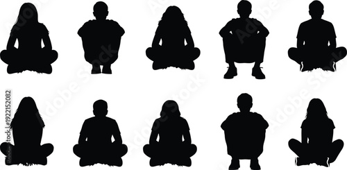 Kids meditation and yoga silhouettes sitting cross legged, children mindfulness poses isolated on white background illustration set