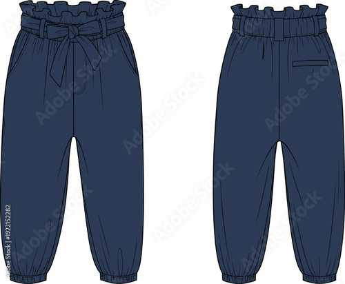 Women paperbag waist jogger pants with belt bow, front and back view fashion technical flat sketch vector illustration