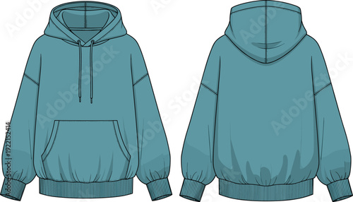 Women's oversized hoodie technical flat sketch, front and back view, teal sweatshirt with kangaroo pocket, drop shoulder, apparel design template.