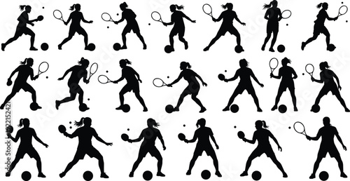 Women playing tennis and soccer silhouettes in dynamic sport action poses isolated on white background illustration set