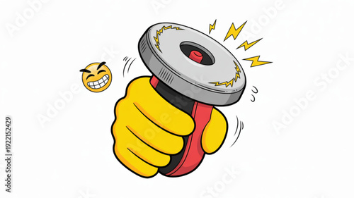 Cartoon hand holding power tool with laughing emoji and lightning bolts symbolizing energy and excitement in a playful humorous scene