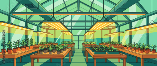 Flat Vector Illustration of a Modern Greenhouse Interior with Rows of Young Seedlings in Pots and Trays Growing Under Artificial LED Grow Lights, Indoor Vertical Farming and Botany Concept