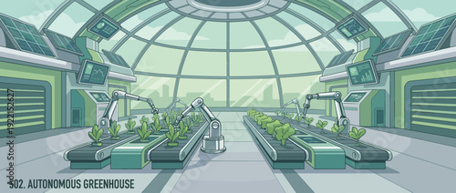Modern autonomous greenhouse flat vector illustration with robotic arms tending to plants on automated conveyor belts in a futuristic smart farm featuring solar panels and digital control screens.