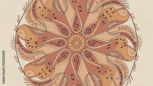 Intricate mandala design with swirling patterns and dots on beige background symbolizing harmony and balance